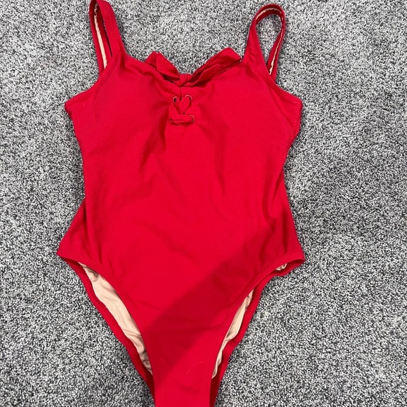 NWT J. Crew Red  Lace Up Scoop Neck Deep Back One Piece Swimsuit Size US 8 - Picture 1 of 9